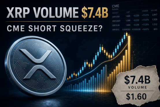 A graphic displays 'XRP VOLUME $7.4B' and 'CME SHORT SQUEEZE?' alongside an XRP coin image, stock chart, and a torn-paper graphic showing '$7.4B VOLUME $1.60'.