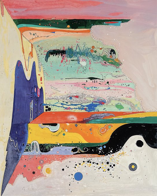 An abstract painting features flowing organic shapes and colorful dots in hues of pink, yellow, blue, green, and black, with a signature visible on the right side.