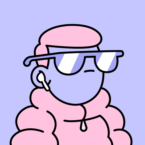 A cute illustration shows a character with lavender skin wearing a pink hat, visor sunglasses, and a fluffy pink jacket with an earpiece, appearing to be a stylized version of the "dood 9373" mentioned in the post celebrating their new official toy.