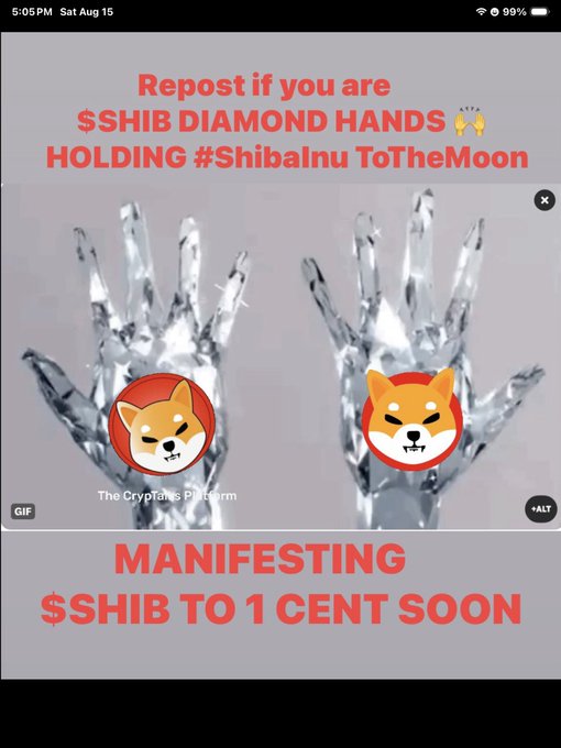 A social media graphic encouraging users to repost, reading 'Repost if you are $SHIB DIAMOND HANDS HOLDING #ShibaInu ToTheMoon' and 'MANIFESTING $SHIB TO 1 CENT SOON', featuring crystal hands with Shiba Inu dog logos.