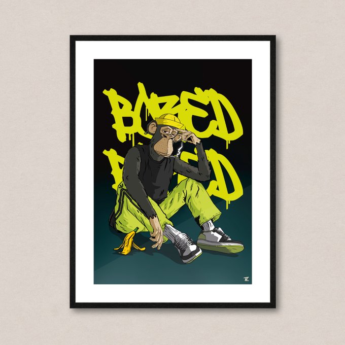 The image features an illustration of a monkey sitting down and holding a banana. The monkey appears to be wearing yellow pants and shoes, giving it a unique and playful appearance. The background of the image has graffiti writing that reads "Bored" and "Baseball", adding a touch of creativity and humor to the scene.