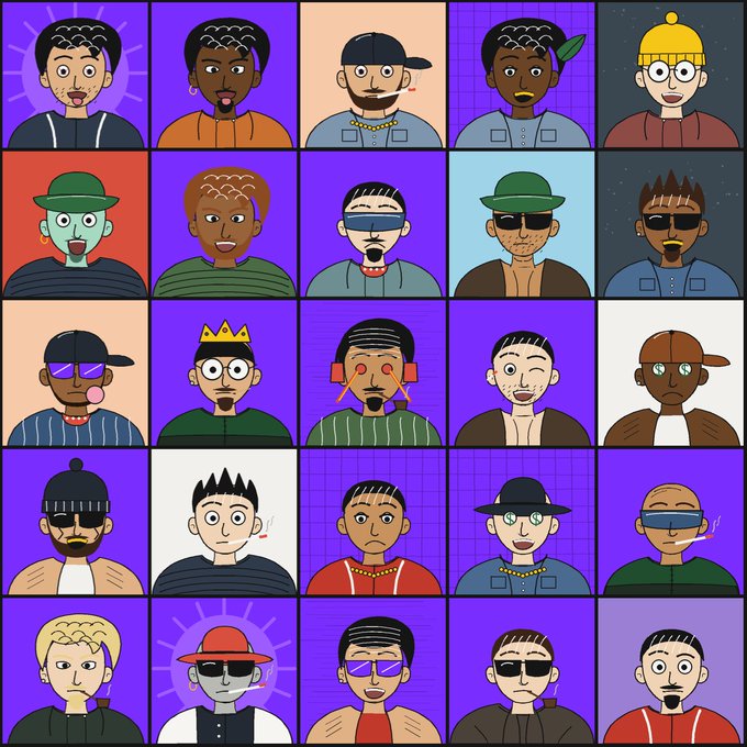 A 5x5 grid displays 25 colorful, hand-drawn cartoon character portraits featuring diverse hairstyles, hats, glasses, and expressions against purple, orange, and blue backgrounds, illustrating a sample of the "INK DUDES" NFT collection launching on @inkonchain.