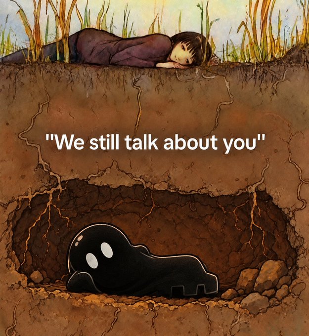 An illustration shows a person lying on grass above ground while a black creature hides in a cavern below, accompanied by the text '"We still talk about you"'.