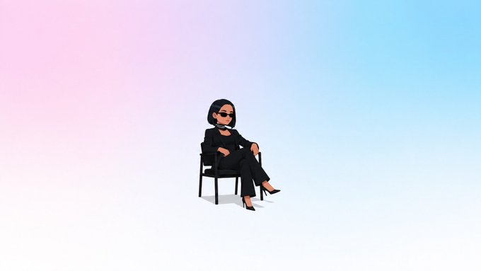 A stylized 3D render of a woman wearing a black suit and sunglasses, sitting on a chair against a smooth pink-to-blue gradient background.