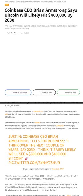 A Forbes news article headline reads "Coinbase CEO Brian Armstrong Says Bitcoin Will Likely Hit $400,000 By 2030," with a highlighted quote about Bitcoin reaching $300,000 and $400,000 in the coming years.