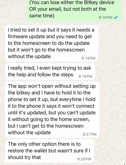 The image shows a WhatsApp conversation where a user struggles with a Bitkey Bitcoin hardware wallet setup, reporting a catch-22 issue: the device requires a firmware update to access the home screen, but won't connect without being on the home screen. This directly illustrates the challenge referenced in the post about non-technical users needing help with Bitkey setup.