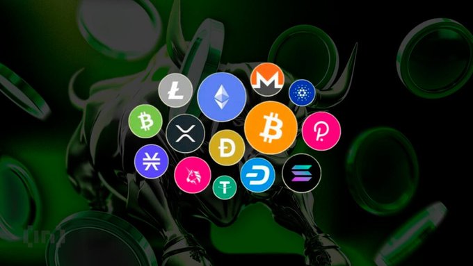 A bull-themed cryptocurrency graphic showing various coin logos including Bitcoin, Monero, Litecoin, XRP, and others on a green background.