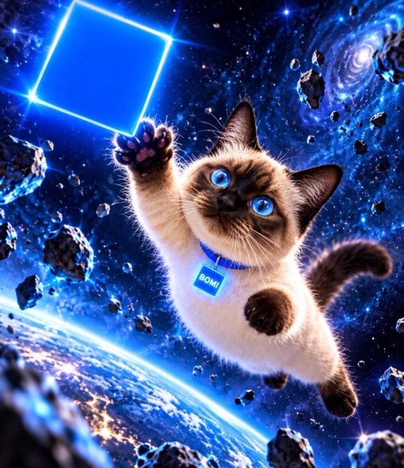 A digital illustration of a Siamese cat with bright blue eyes floating in space near Earth, reaching its paw toward a glowing blue cube, wearing a collar with a tag reading 'BOMI'.