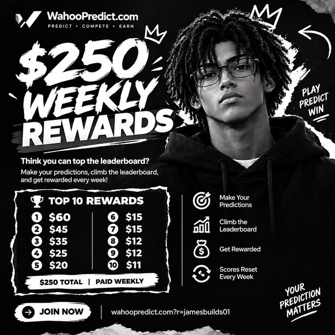 Promotional graphic for 'WahooPredict.com' offering $250 weekly rewards to top 10 predictors, with tiered prizes from $60 down to $11, featuring a young man with glasses and dreadlocks.
