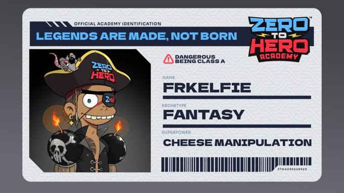 An 'OFFICIAL ACADEMY IDENTIFICATION' card for 'Zero to Hero Academy' featuring a pirate character named FRKELFIE with the archetype 'FANTASY' and superpower 'CHEESE MANIPULATION'.
