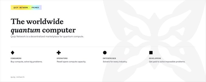 A promotional graphic for Quip Network (PrimEr) branding them as "The worldwide quantum computer" — a decentralized marketplace for quantum compute serving four user types: Consumers (buy compute, solve big problems), Operators (resell spare compute capacity), Enterprises (solving for every industry), and Developers (building to solve impossible problems).

The image ties to the post by visually reinforcing Quip Network's pitch as a decentralized quantum computing platform — relevant to the author's concern about quantum's growing threat to crypto security, since Quip is positioning itself as a marketplace that could help address such computationally intensive problems.