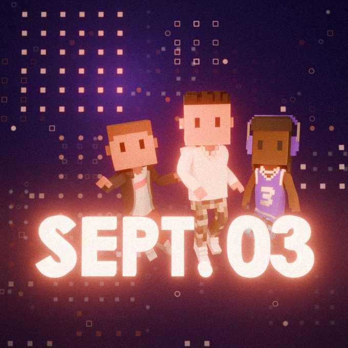 A pixel art style illustration of three blocky characters, one wearing a purple jersey with the number 3 and headphones, set against a starry background with 'SEPT 03' displayed prominently.