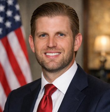 A headshot shows a man in a dark suit, white shirt, and red tie, smiling with an American flag visible in the background. The image accompanies a quote expressing bullish sentiment on Bitcoin and crypto, suggesting the man pictured is Eric Trump endorsing cryptocurrency.