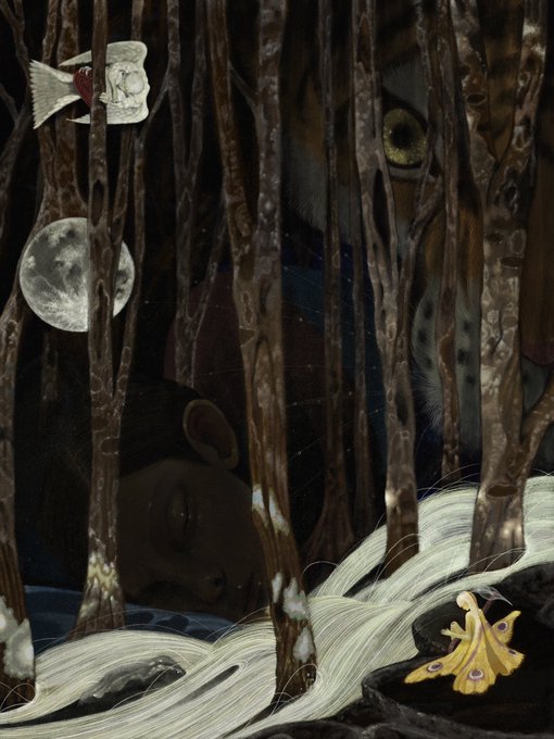 A dark surreal painting featuring a face hidden among tree trunks with a yellow eye peering through, accompanied by a moon, ghostly figures, and a small golden creature.