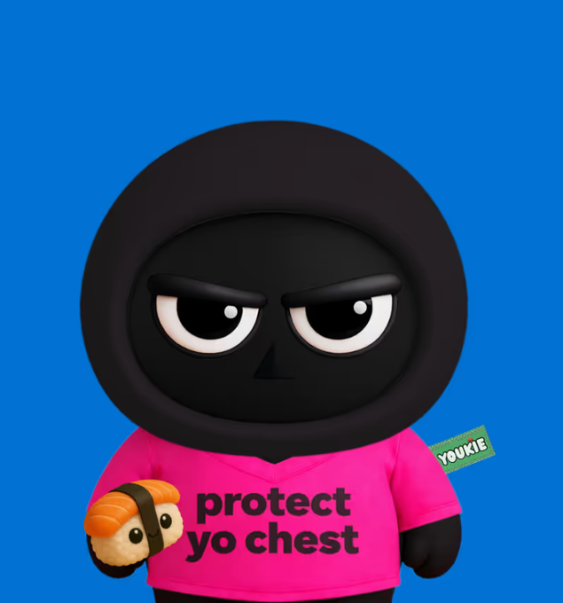 A 3D-rendered ninja character with a black mask and pink shirt reading 'protect yo chest' holds a piece of salmon nigiri sushi against a blue background, with a 'YOUKIE' label on the right.
