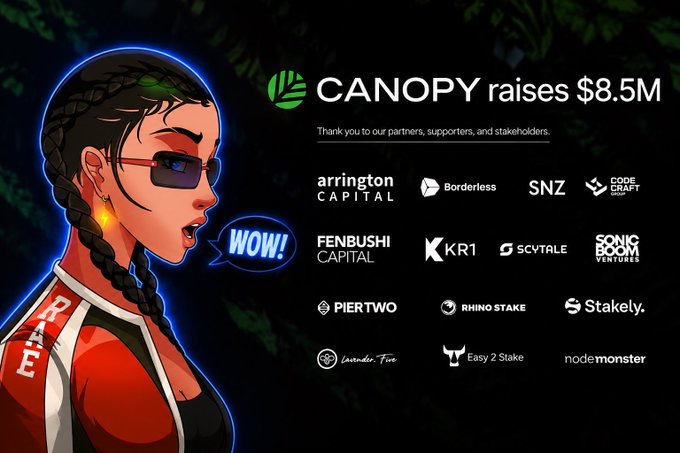 The image is a promotional graphic announcing that Canopy has raised $8.5M, featuring an illustrated woman with braided hair saying "WOW!" alongside a list of investor logos including Arrington Capital, Borderless, SNZ, Fenbushi Capital, KR1, Scytale, Sonic Boom Ventures, Piertwo, Rhino Stake, Stakely, Lavender.Five, Easy 2 Stake, and node monster. The graphic visually supports the post's excitement about Canopy's successful funding round, highlighting both the impressive $8.5M figure and the strong backing from notable crypto investors, which reinforces the author's enthusiasm for Canopy's vision in AI deployment infrastructure.