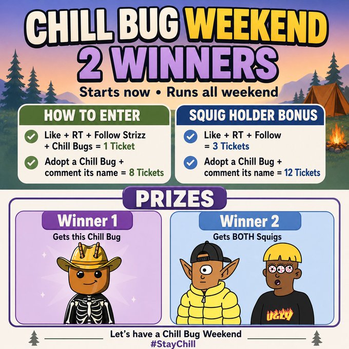 A promotional graphic for a 'Chill Bug Weekend' giveaway with 2 winners, showing entry methods, prizes featuring cartoon characters, and the hashtag #StayChill.