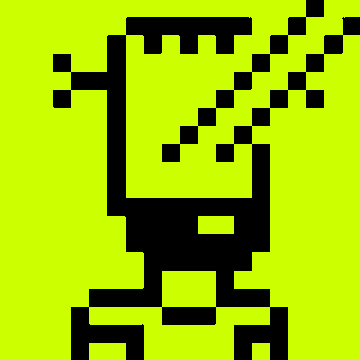 A pixelated black silhouette of a figure with a rectangular head, X-marked eye, and arms outstretched appears on a bright yellow-green background, symbolizing collapse or defeat. The stark, retro-style graphic visually reinforces the post's warning about the crashing value of NFTs and meme coins on Robinhood, evoking a sense of downfall and obsolescence.