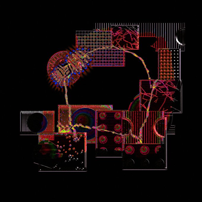 An abstract digital artwork displays geometric patterns, grids, and circular shapes in red, blue, and yellow against a black background.