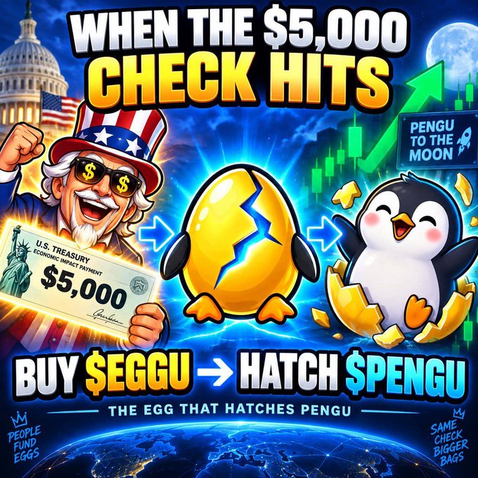 A vibrant meme-style promotional graphic features Uncle Sam wearing dollar-sign sunglasses and an American flag top hat, holding a "$5,000" U.S. Treasury check, alongside a cracked golden egg labeled $EGGU that hatches into a cheerful penguin representing $PENGU, with bold text reading "WHEN THE $5,000 CHECK HITS," "BUY $EGGU → HATCH $PENGU," "PENGU TO THE MOON," and "THE EGG THAT HATCHES PENGU," perfectly illustrating the post's claim that holding $EGGU on Solana earns automatic $PENGU rewards as the egg "hatches" into the penguin token.