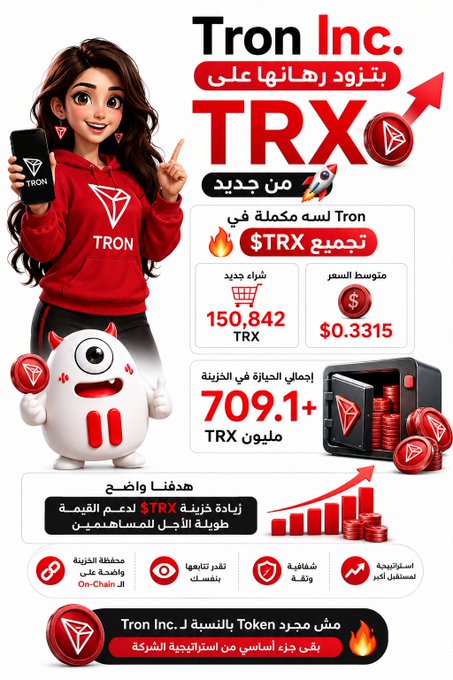 A promotional graphic for Tron Inc. featuring a cartoon woman in a red TRON hoodie holding a phone, alongside a white TRX mascot, highlights the company's recent purchase of 150,842 TRX at $0.3315, boosting its treasury holdings to over 709.1 million TRX. Arabic text and an upward red arrow emphasize the "Tron Inc. is complete in TRX accumulation" message, aligning with the post about Tron Inc. aggressively increasing its TRX reserves.