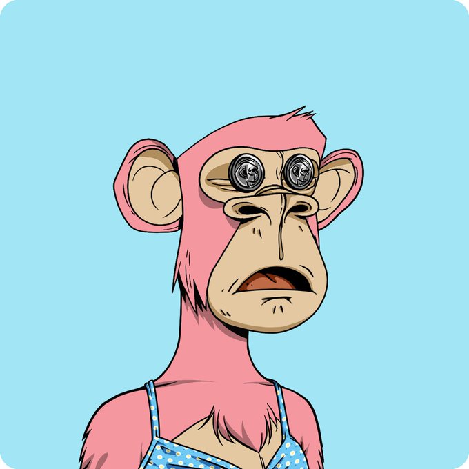 Digital art of a pink Bored Ape-style monkey with X-shaped eyes featuring coin designs, wearing a blue polka dot top against a light blue background.