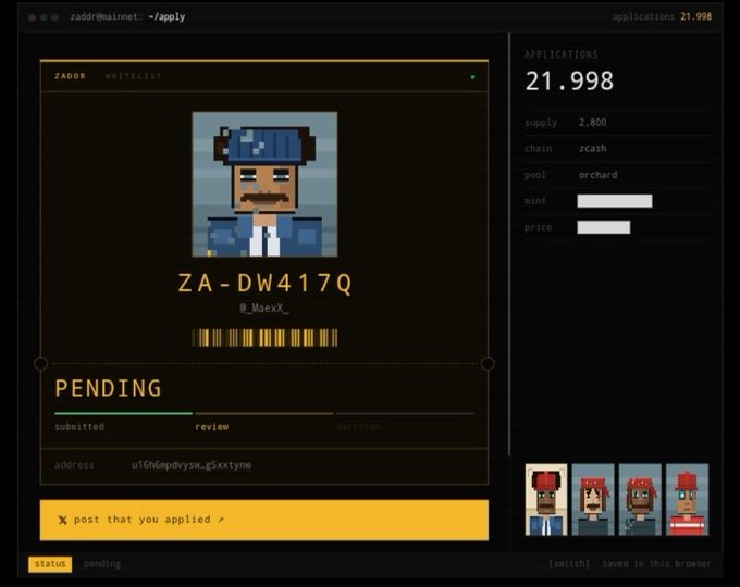 A pixel-art avatar wearing a blue cap labeled "ZA-DW417Q" by @MoeX_ is displayed on the Zaddr network application page, showing a pending whitelist status with 21,998 applications in queue for zcash on the orchard pool. The image illustrates the user's quiet wait for admission to the Zaddr whitelist, mirroring the accompanying message about waiting to be admitted rather than seeking entry.