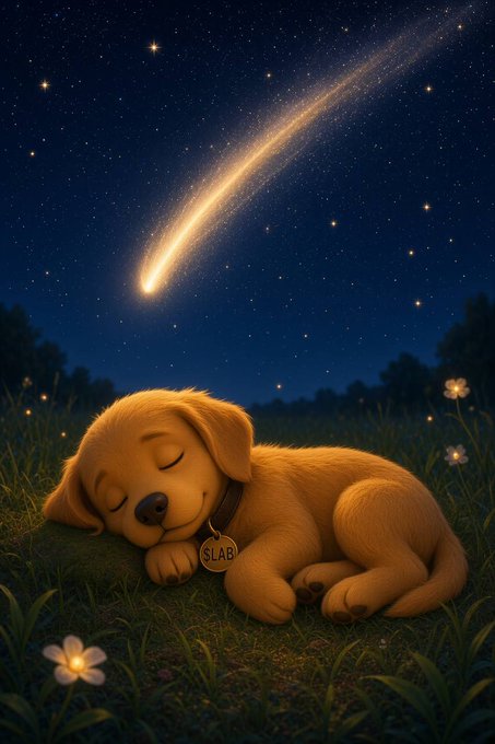 A digital illustration of an adorable golden puppy sleeping peacefully in a grassy field at night, with a glowing comet streaking across the starry sky above. The puppy wears a collar with a tag reading "SLAB."