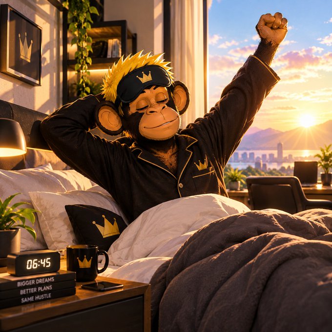An AI-generated image of a monkey wearing a black sleep mask and pajama set with yellow crown logos, stretching in bed with a sunrise cityscape view; bedside items include a clock reading 06:45 and books titled 'BIGGER DREAMS', 'BETTER PLANS', 'SAME HUSTLE'.
