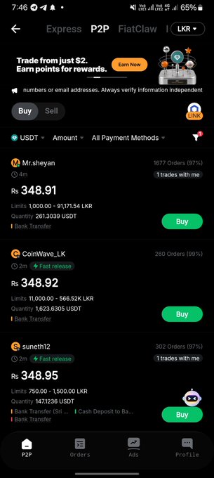 A screenshot of a Binance P2P trading interface in LKR showing sellers offering USDT, with listings for 'Mr.sheyan', 'CoinWave_LK', and 'suneth12' with prices around Rs 348.91-348.95.