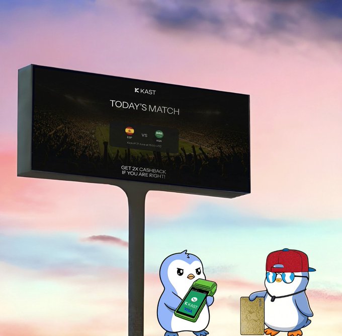 The image features a billboard with two cartoon penguins standing next to each other. One penguin has a green dollar bill while the other holds a skateboard, suggesting they are either preparing for or just finished an adventure. The text on the billboard reads "Football and crypto the perfect duo! Make your predictions for matchs! With KAST, you can do more than just follow the game get 2X cashback if you guess right!". This post seems to be promoting a connection between football and cryptocurrency, possibly highlighting how these two seemingly unrelated things could work together in the future.