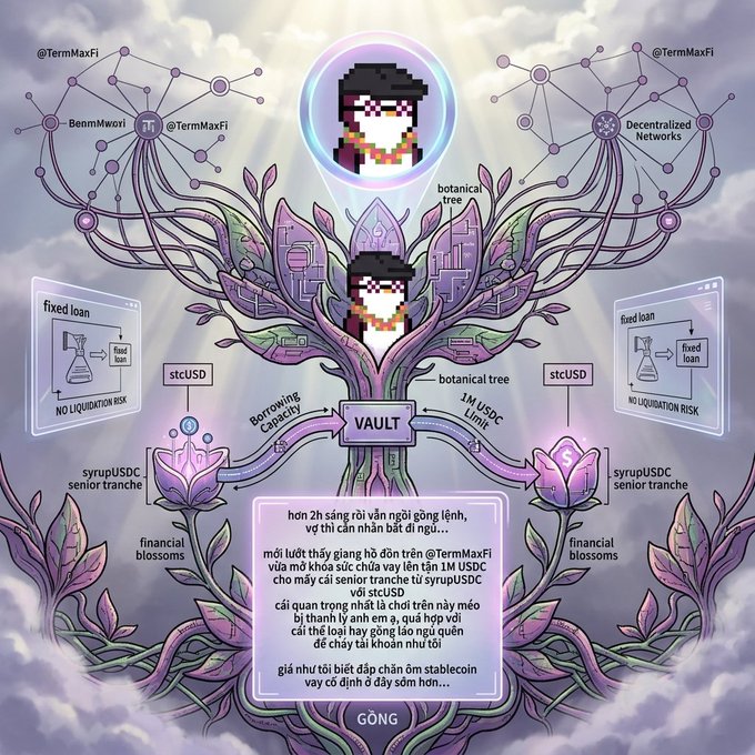 Illustrated diagram featuring pixel art avatars and the TermMaxFi decentralized network, showing botanical tree structures connecting to a VAULT with syrupUSDC senior tranches, stcUSD fixed loans with no liquidation risk, and Vietnamese-language commentary text.
