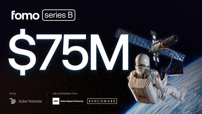 The image features an advertisement for a mobile app named 'Fomo'. The main focus of this advertisement is a photo depicting an astronaut floating above Earth in space with a space satellite close by, suggesting a theme related to space exploration or astronomy. In the background, there are two large numbers "75M" written above the picture. This part of the post likely indicates that this app has raised $75 million from investors and is being pitched for its social trading capabilities on the Fomo Family platform.