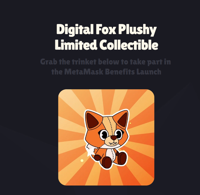 The image features a screenshot of an advertisement for a limited collectible digital fox plush toy. It displays a cute orange cartoon cat, which represents the item being promoted. The post also contains text, such as "Digital Fox Plushy Limited Collectible" and "Grab the triket below to take part in the Metamask Benefits Launch". This suggests that there is an event or promotion related to the digital fox plush toy with a focus on the benefits of using the Metamask.