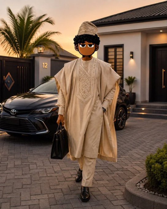 A person wearing a beige traditional embroidered tunic and matching cap, carrying a black briefcase and standing on a paved driveway in front of a black Toyota sedan and a house numbered '12', with their face obscured by an emoji.