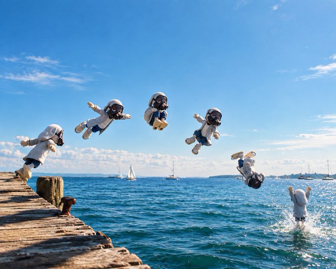 A whimsical sequence of photographs showing small figurines dressed in astronaut suits jumping off a wooden dock into blue ocean waters, with sailboats visible on the horizon.