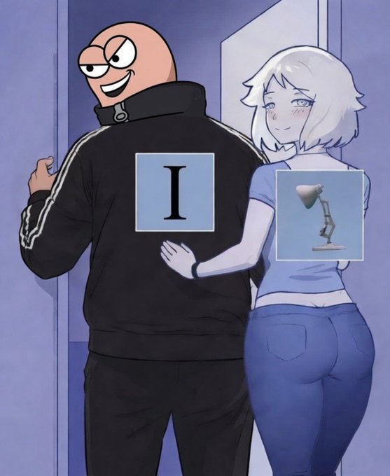 An anime-style illustration showing a bald, smug-looking character in a black Adidas tracksuit (with an 'I' icon overlay) standing next to a white-haired girl in a blue shirt and jeans (with a desk lamp icon overlay), both facing away from the viewer.