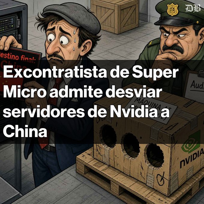 A cartoon-style news illustration from MB with Spanish text reading "Excontratista de Super Micro admite desviar servidores de Nvidia a China" (Former Super Micro contractor admits diverting Nvidia servers to China), showing a sweating man near a cardboard box labeled "NVIDIA MÁQUINA."