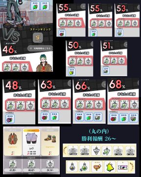 A screenshot from a Japanese mobile game shows various stat panels with numbers like 55, 53, 50, 48, 63, 66, and 68, all marked 'DAMAGED', indicating a battle scene.