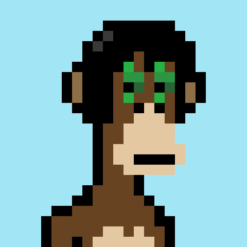 A pixel art illustration of a person with dark hair and green glasses against a blue background.