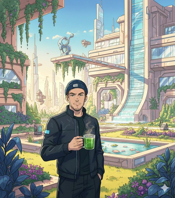 An anime-style illustration shows a man in a black jacket and beanie holding a steaming green drink in a futuristic, lush cityscape.