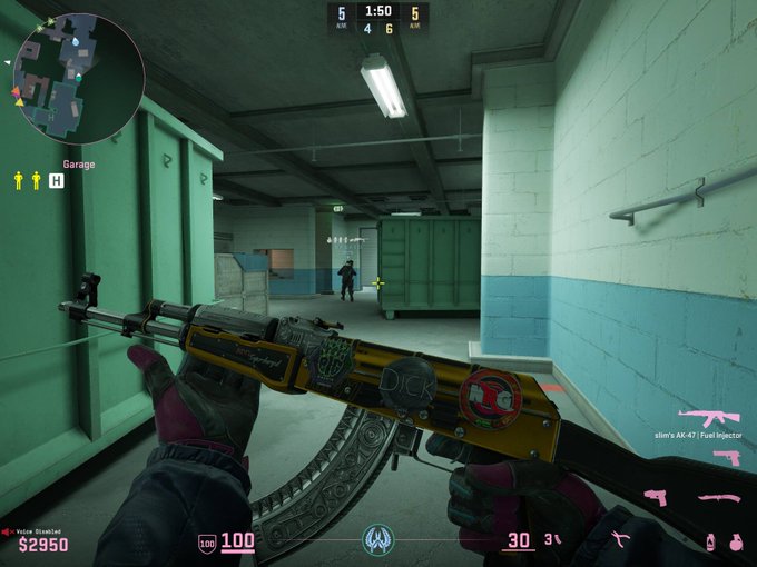 A first-person view from a video game showing the player holding an AK-47 rifle with yellow stickers in a green-lit garage area, with the score '5 - 5' and a timer of '1:50' at the top.