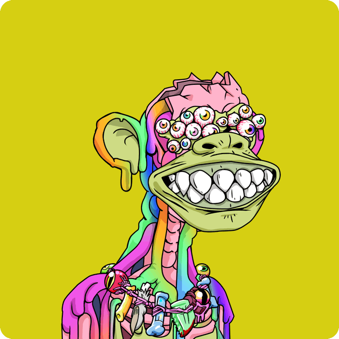 A grotesque cartoon illustration of a monkey-like creature with multiple eyeballs bursting from its skull against a yellow background.