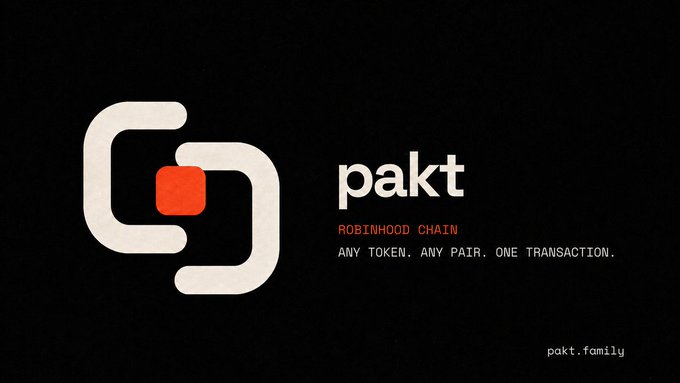 The image displays the Pakt logo alongside the tagline "pakt – Robinhood Chain: Any token. Any pair. One transaction." with the website "pakt.family" in the corner, promoting the launch of the Pakt token launchpad on Robinhood Chain.