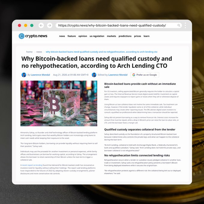 A screenshot of a crypto.news article titled 'Why Bitcoin-backed loans need qualified custody and no rehypothecation, according to Arch Lending CTO' by Lawrence Mondal, dated Aug 21, 2026, featuring a Bitcoin block graphic and sections discussing tax treatment and custody policies.