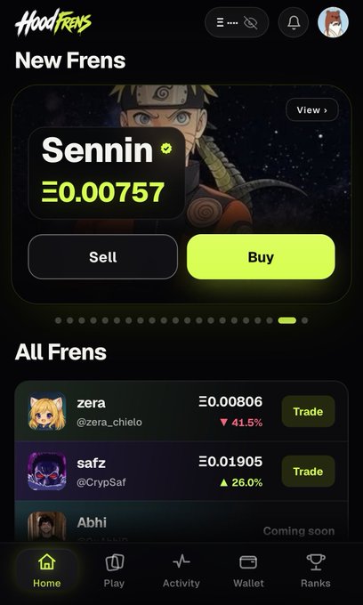 A mobile app interface for 'HoodFrens' showing a 'Sennin' NFT priced at Ξ0.00757 with Sell/Buy buttons, plus other listed frens including zera, safz, and Abhi.