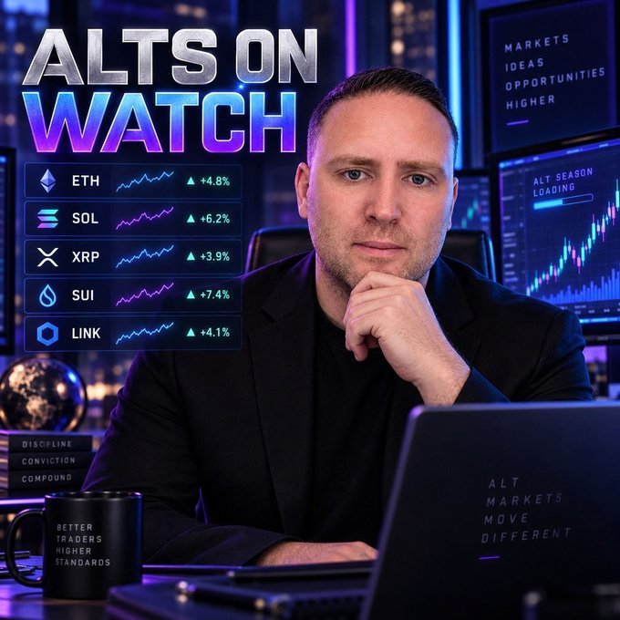 A man sits at a desk in a neon-lit studio setting, posing thoughtfully behind a laptop displaying "ALT MARKETS MOVE DIFFERENT," while a stylized "ALTS ON WATCH" graphic highlights top-performing cryptocurrencies: ETH (+4.8%), SOL (+6.2%), XRP (+3.9%), SUI (+7.4%), and LINK (+4.1%), with motivational phrases like "BETTER TRADERS HIGHER STANDARDS" on a nearby mug—fittingly answering the call to "shill me some tickers" by showcasing key altcoins.