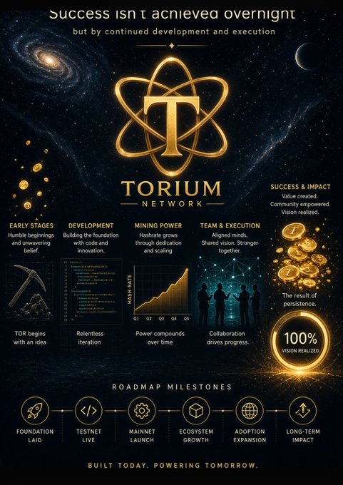 A cosmic-themed infographic for "Torium Network" featuring a golden atom-style logo with the letter "T" against a starry galaxy background, topped with the quote "Success isn't achieved overnight but by continued development and execution." The chart outlines a six-stage journey (Early Stages, Development, Mining Power, Team & Execution, Success & Impact) culminating in "100% Vision Realized," with a bottom roadmap showing milestones from "Foundation Laid" through "Long-Term Impact," visually reinforcing the post's message about patient, disciplined building toward lasting success.