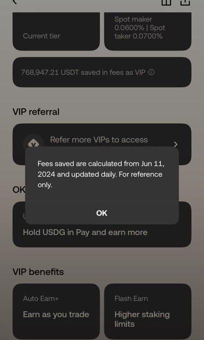 A mobile app screen displays VIP referral information with a pop-up message stating 'Fees saved are calculated from Jun 11, 2024 and updated daily. For reference only.', alongside a ticker showing '768,947.21 USDT saved in fees as VIP'.