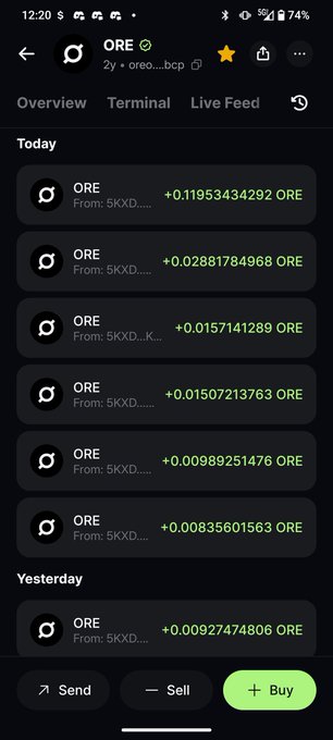 A screenshot of a cryptocurrency wallet app showing a live feed of ORE transactions today and yesterday, with green 'Buy' and 'Sell' buttons at the bottom.
